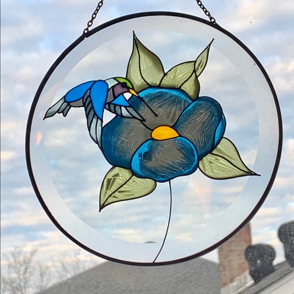 Blue Flower Hummingbird Stained Glass Sun Catcher - Picture 2 of 9